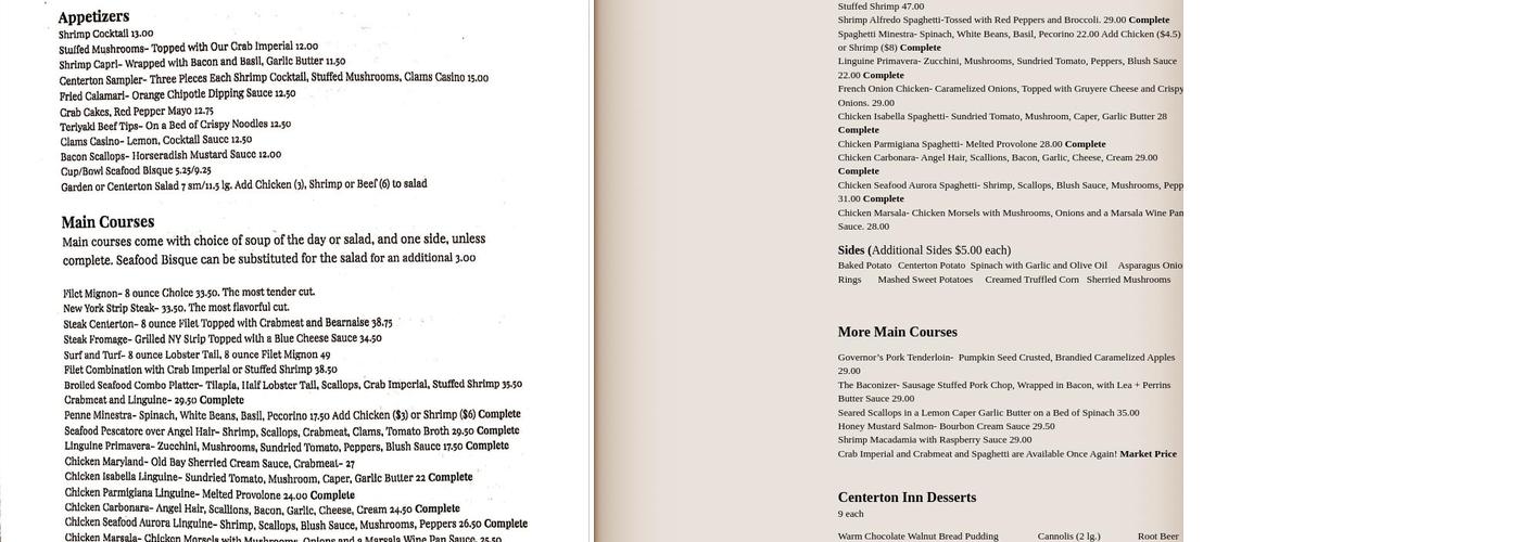 Ye Olde Centerton Inn Menu