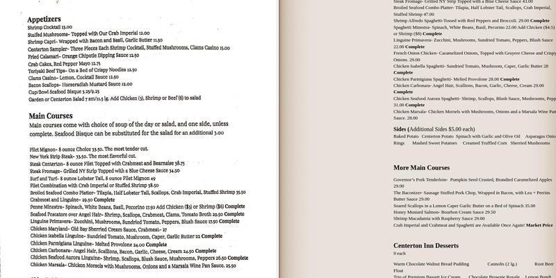 Ye Olde Centerton Inn Menu