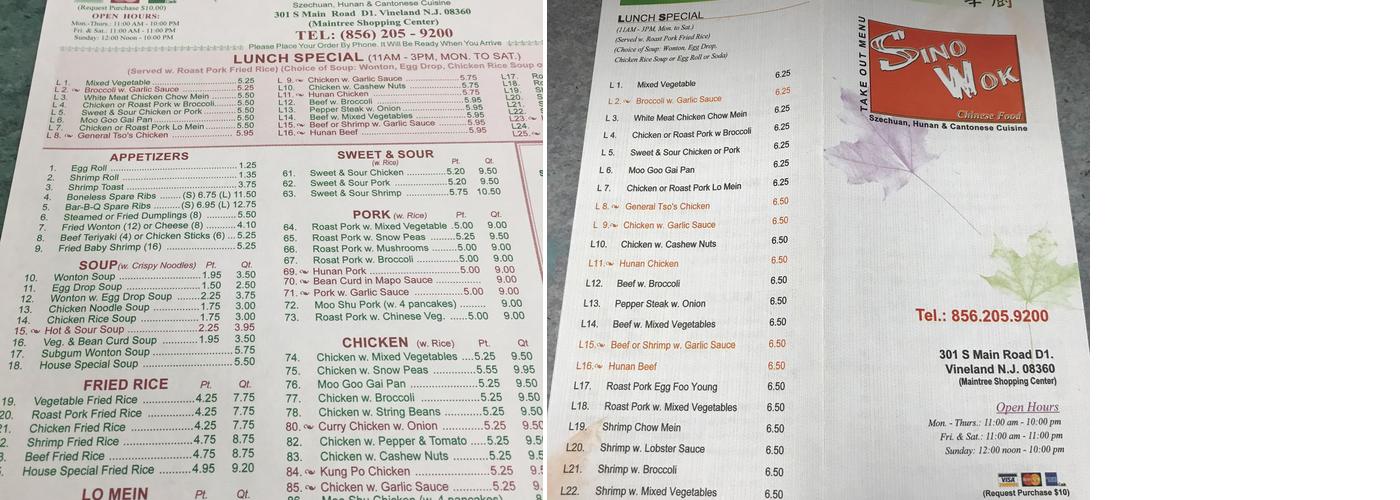 Sinowok Restaurant Menu