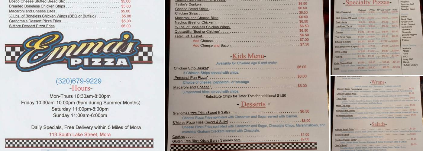 Emma's Pizza Menu