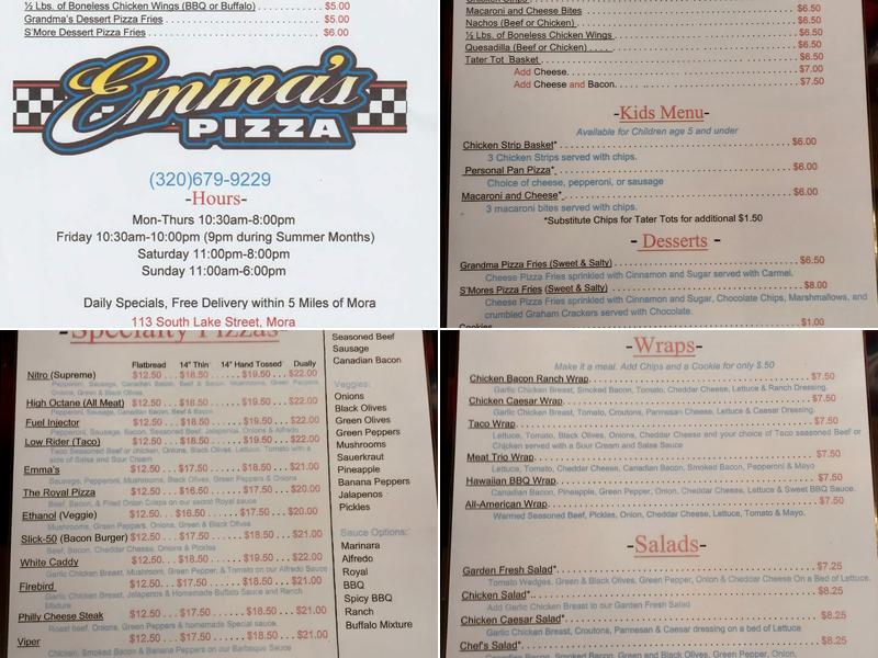Emma's Pizza Menu