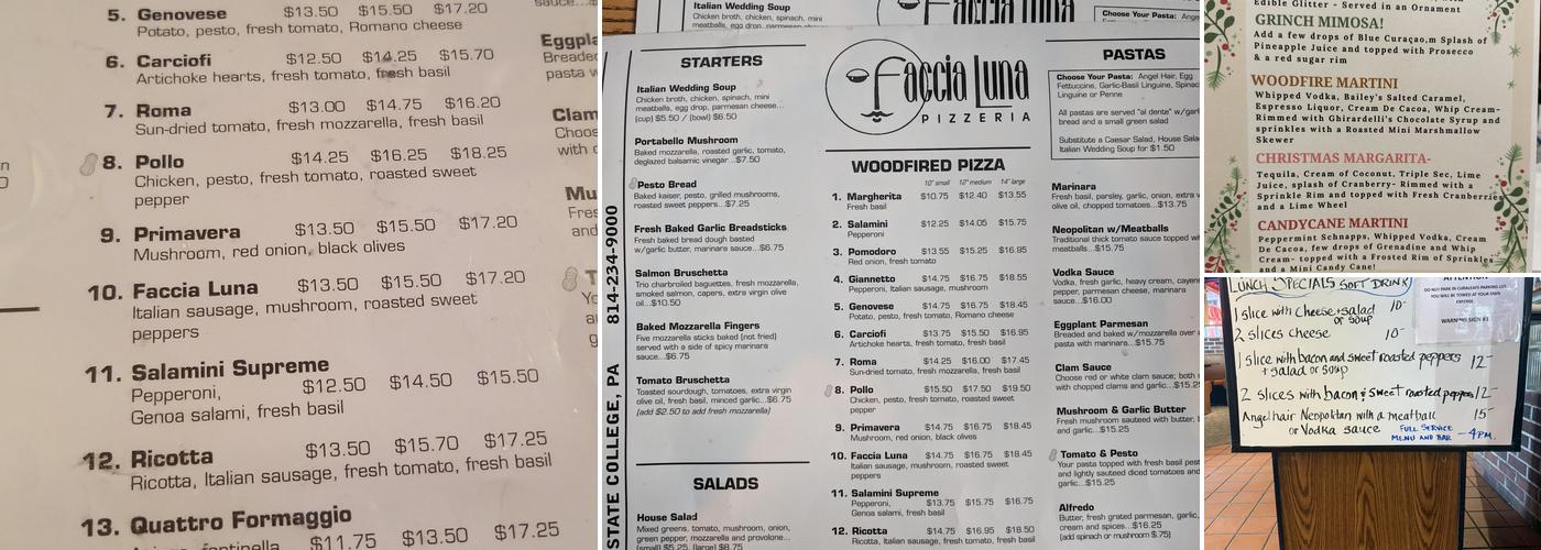 Faccia Luna Pizzeria Menu