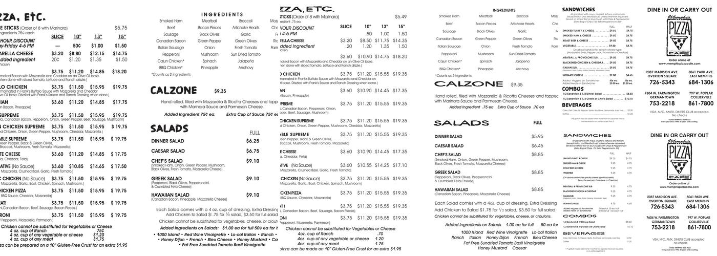 Memphis Pizza Cafe Menu