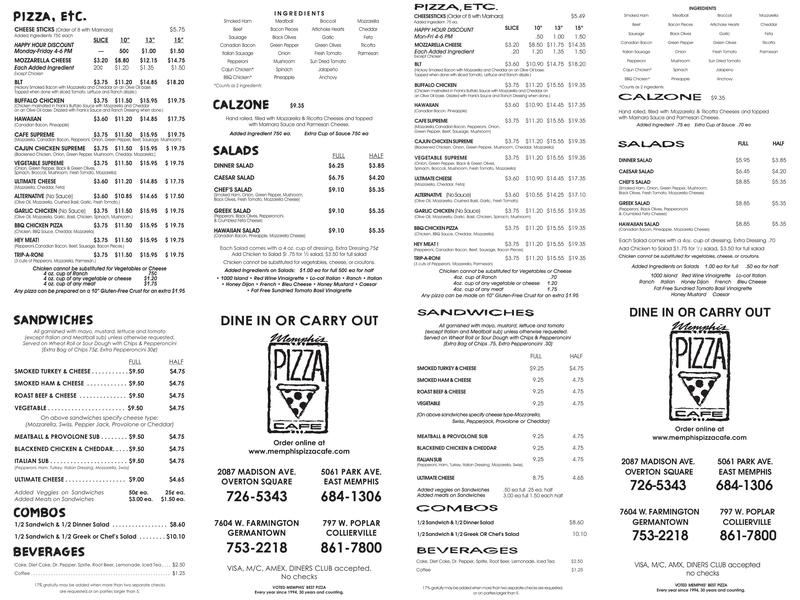 Memphis Pizza Cafe Menu