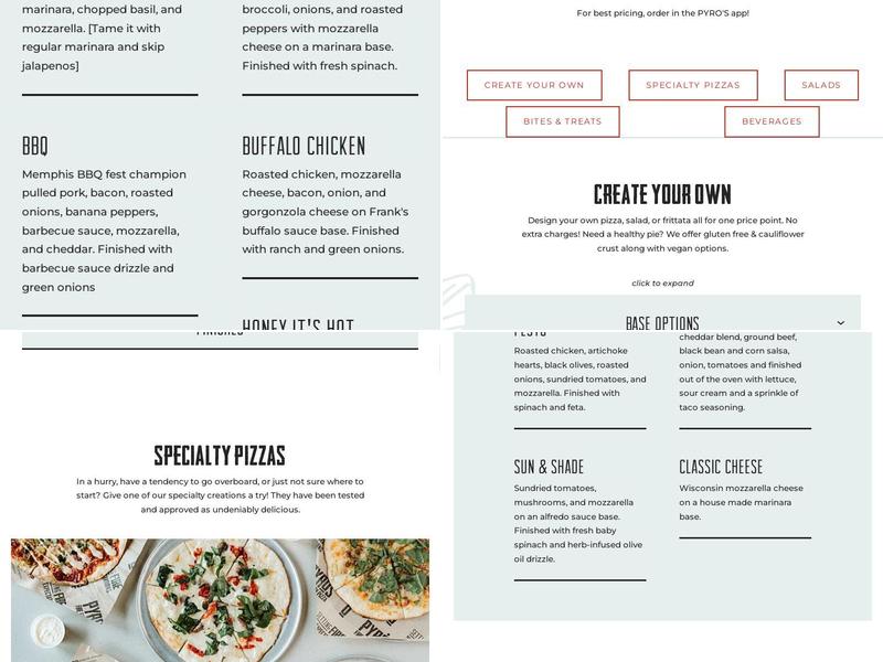 Pyro's Fire Fresh Pizza Menu