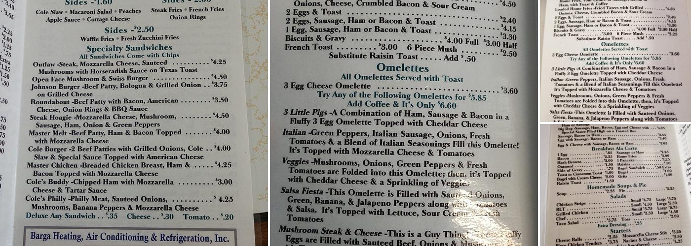 Coles Front Street Inn Restaurant Menu