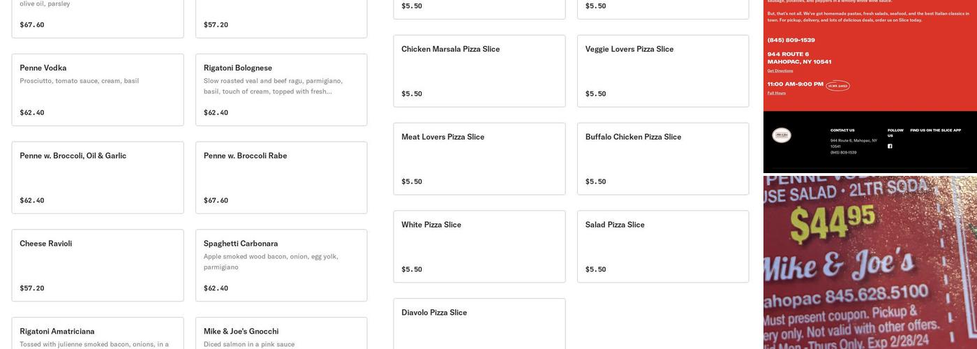 Mike & Joe's Wood Fired Pizza & Pasta Menu
