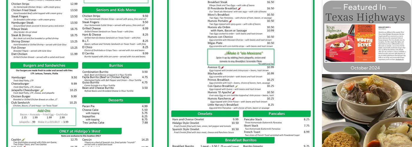 Hidalgo's West Menu