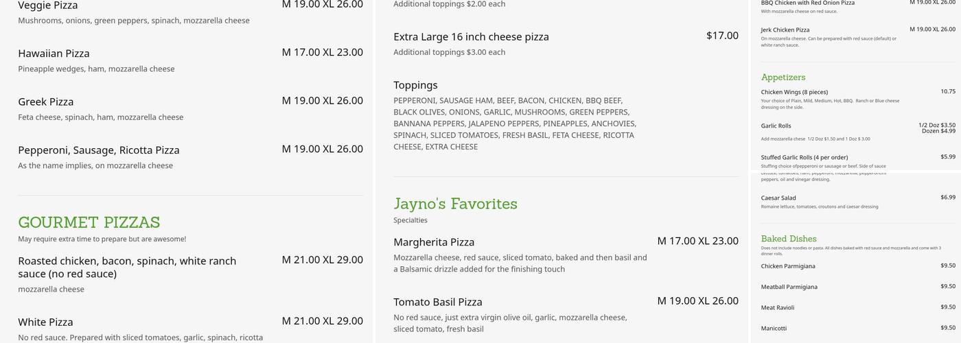 Jayno's Pizza Menu