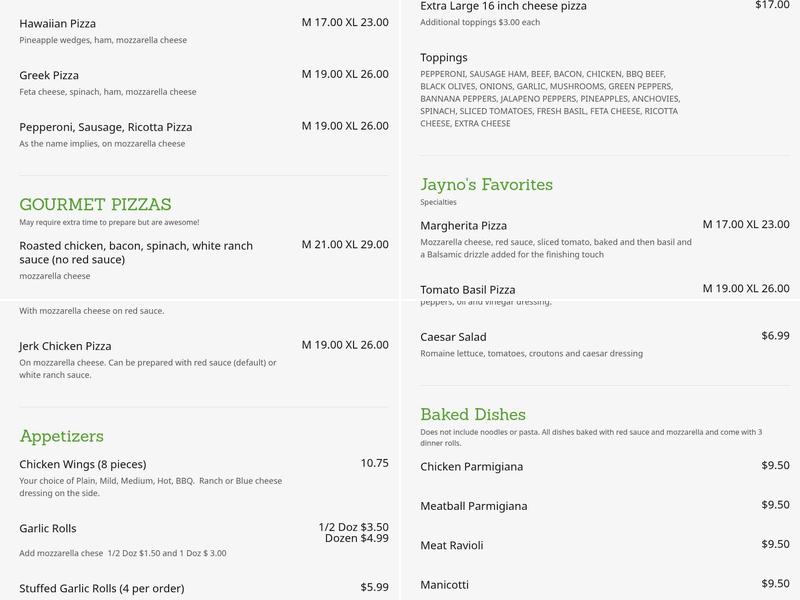 Jayno's Pizza Menu