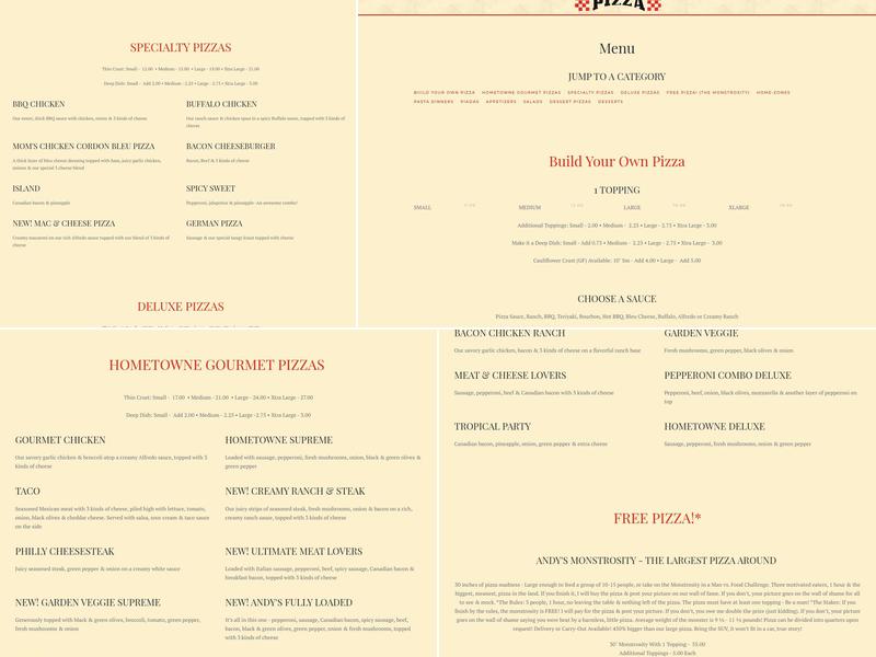Andys Hometowne Pizza Menu