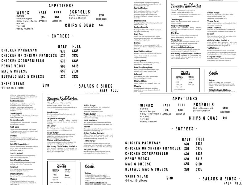 The Creek Menu