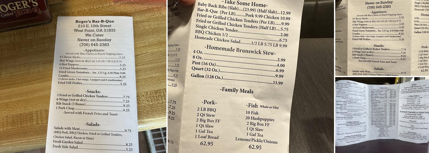 Rogers Pit-Cooked Bar-B-Que Menu