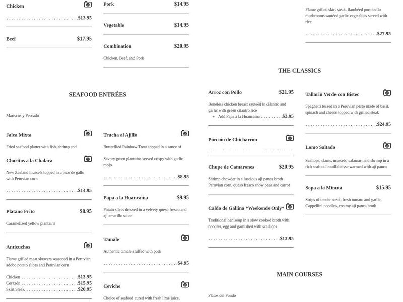 Machu Picchu Menu