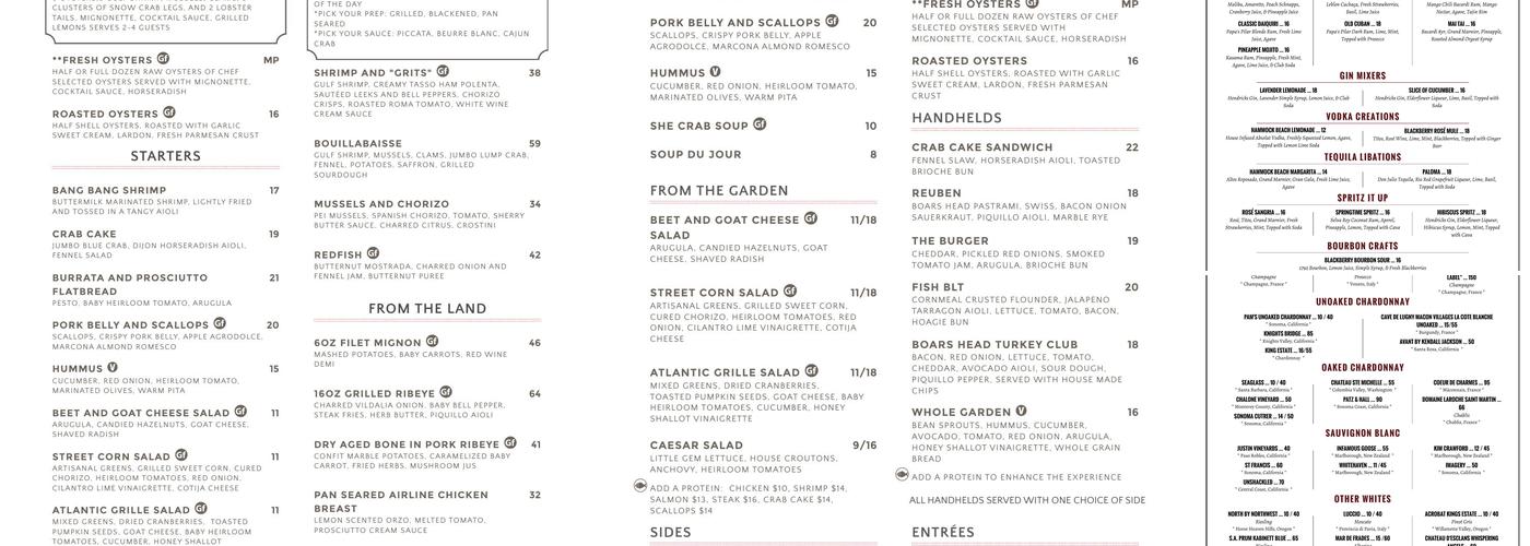 Atlantic Grille Oceanfront Restaurant Menu