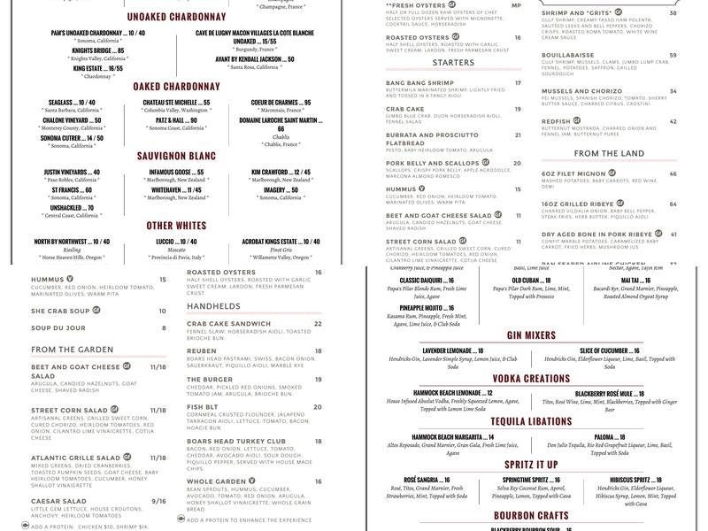 Atlantic Grille Oceanfront Restaurant Menu