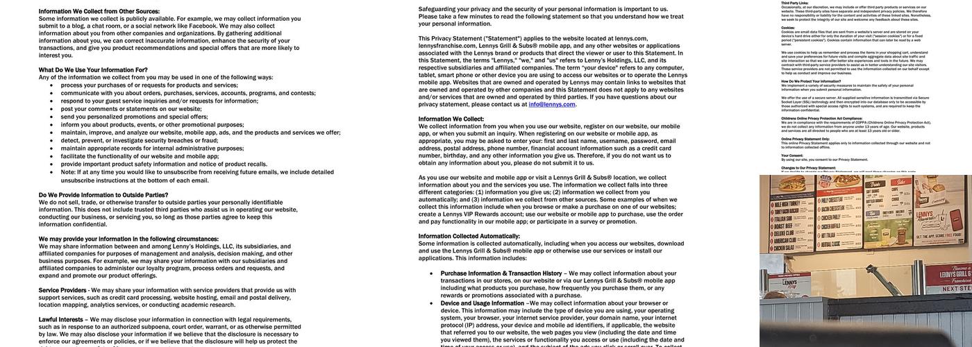 Lennys Grill & Subs Menu