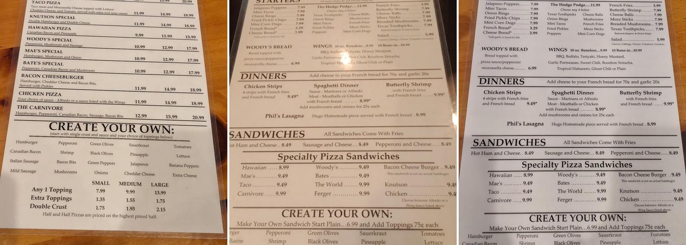 Woody's Pizza Menu