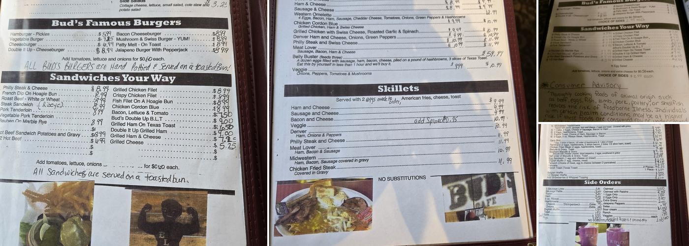 Bud's Cafe Menu