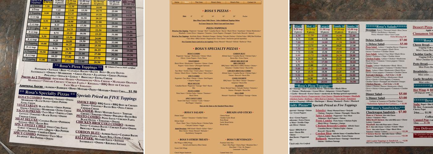 Rosa's Pizza Menu