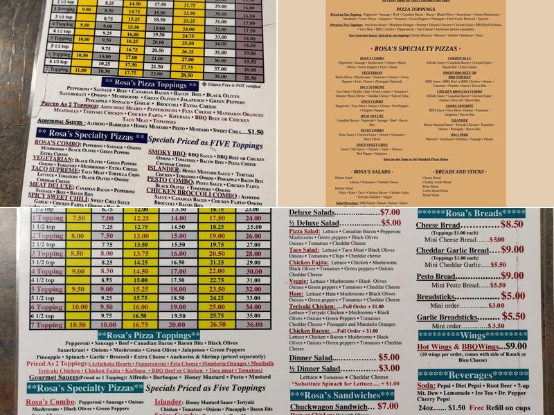 Rosa's Pizza Menu