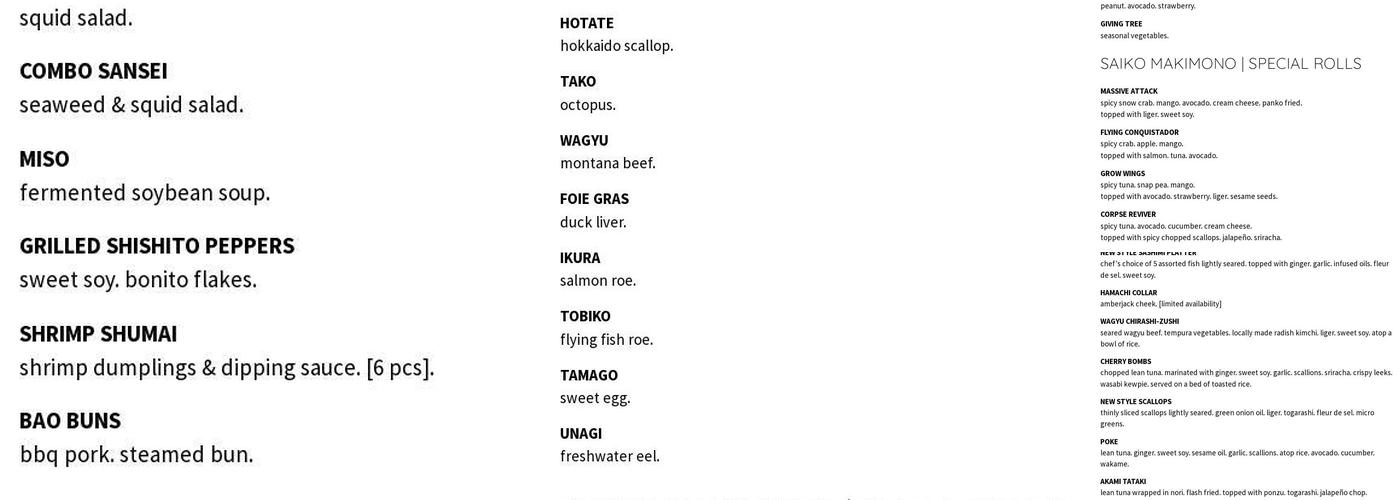 Saketome Menu