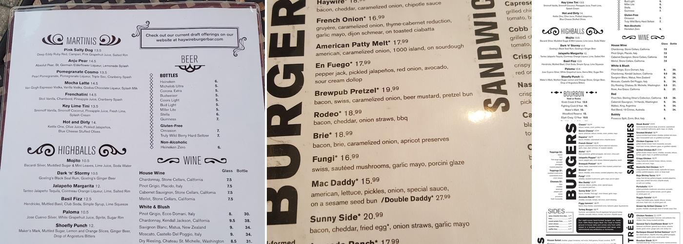 Haywire Burger Bar Menu