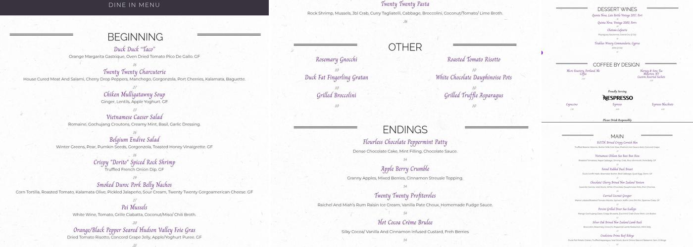 TwentyTwenty Grille Menu