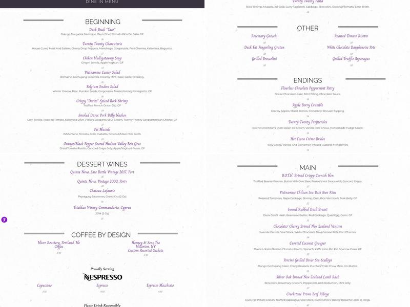 TwentyTwenty Grille Menu