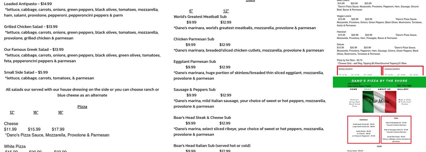 Dano's Pizza by the Shore Menu