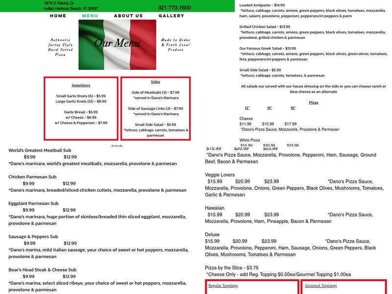 Dano's Pizza by the Shore Menu