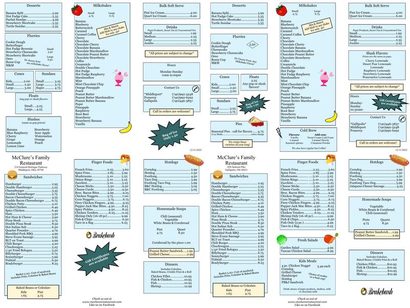 McClure's Restaurant Menu
