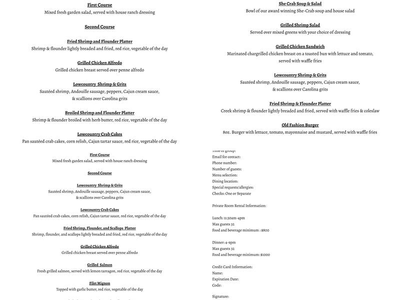 Charleston Crab House Menu