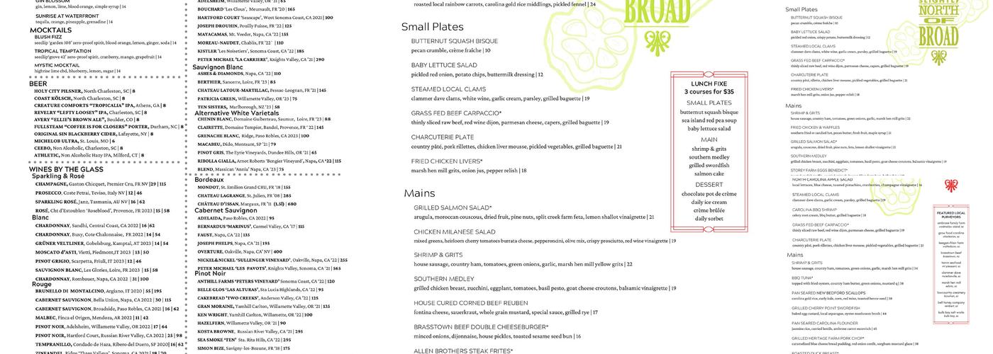 Slightly North of Broad Restaurant Menu