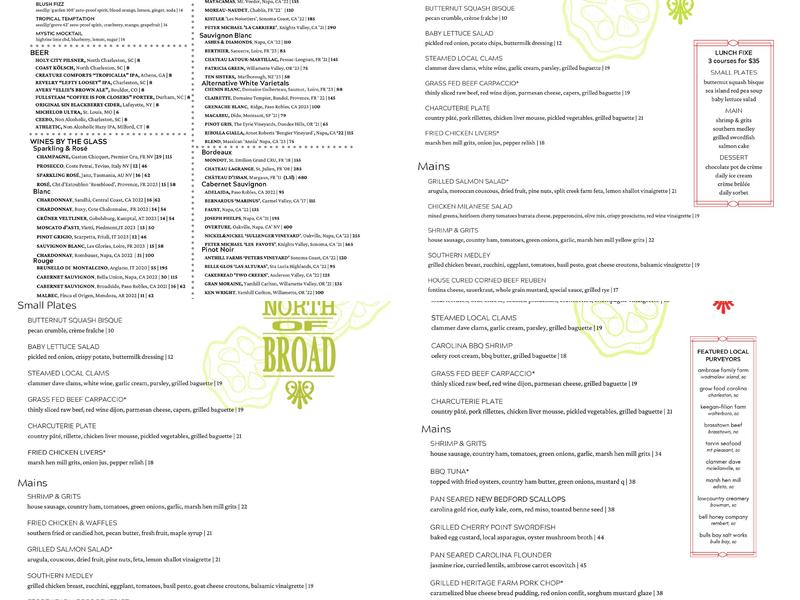 Slightly North of Broad Restaurant Menu