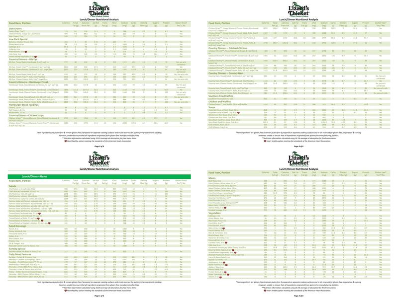 Lizard's Thicket Restaurant Menu