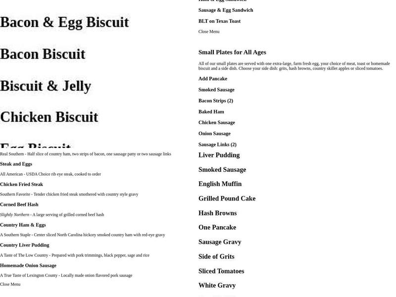 Lizard's Thicket Restaurant Menu