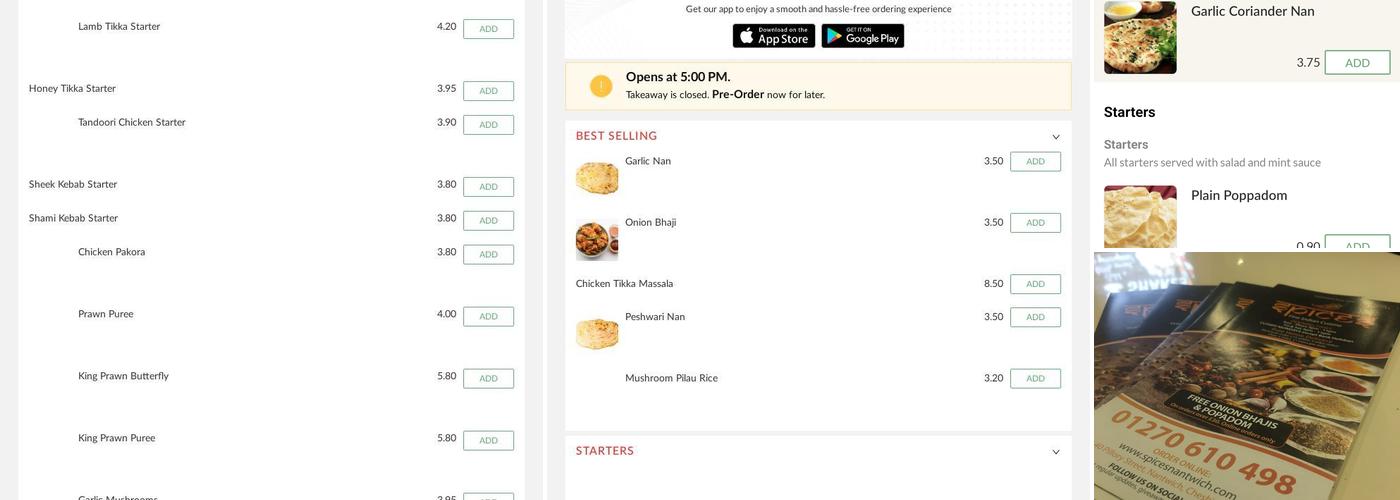Spices Nantwich Menu