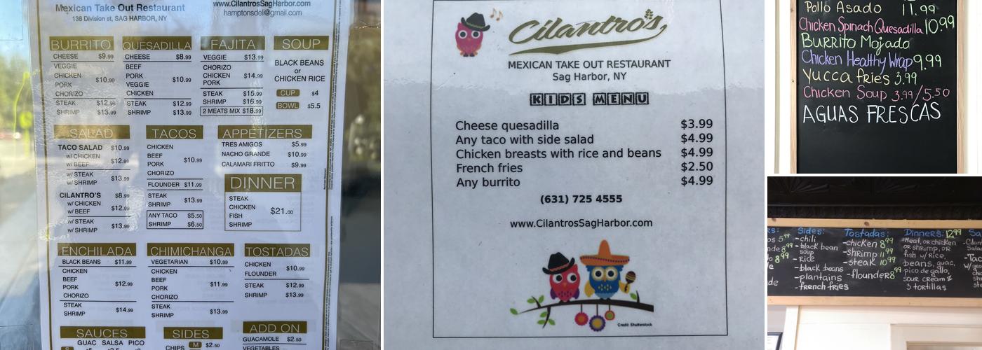 Cilantro's Mexican take-out Menu