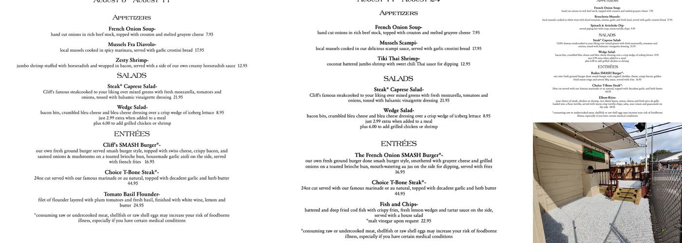 Cliff's Rendezvous Menu