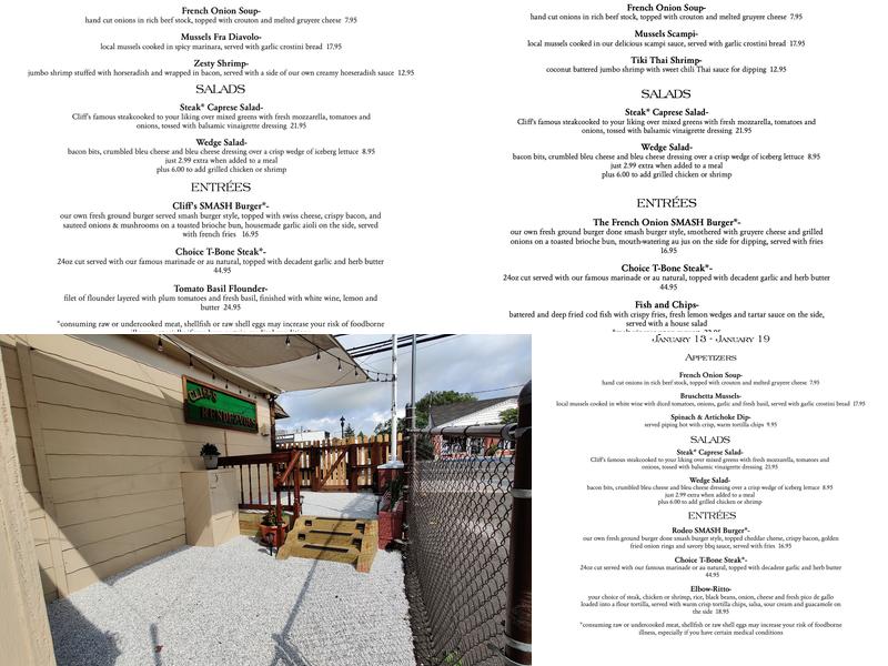 Cliff's Rendezvous Menu