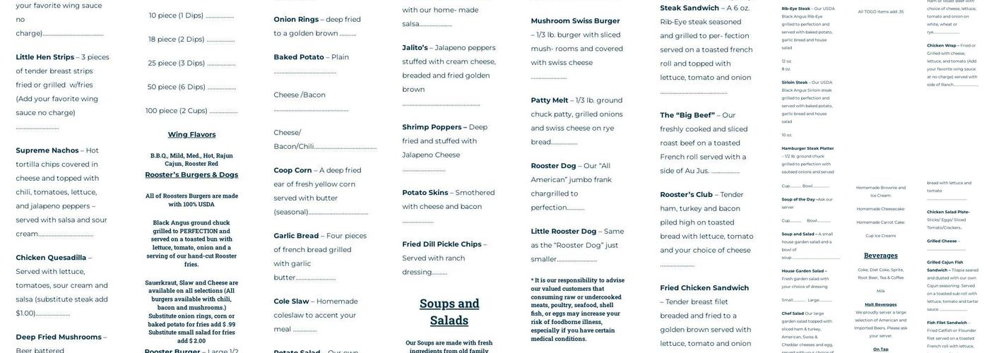 Rooster's Cafe Menu