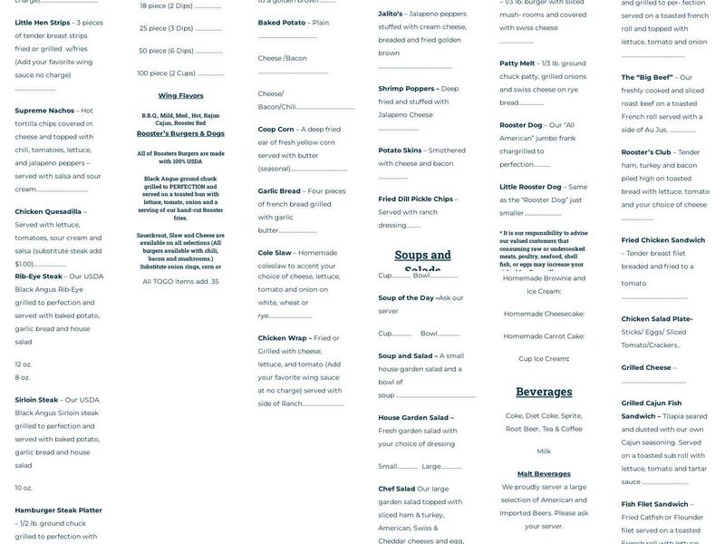 Rooster's Cafe Menu