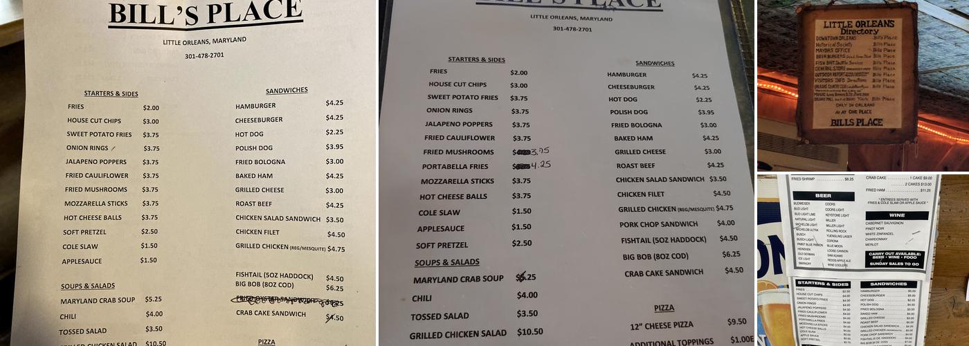 Bill's Place Menu