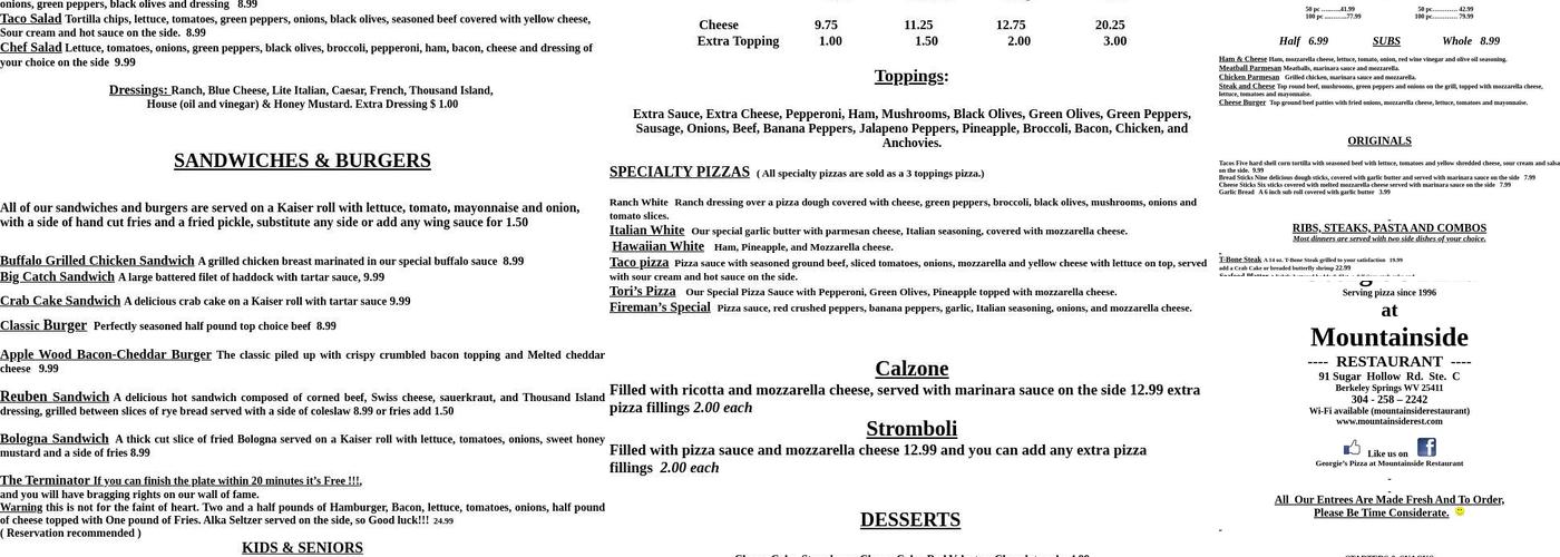 Mountainside Restaurant Menu