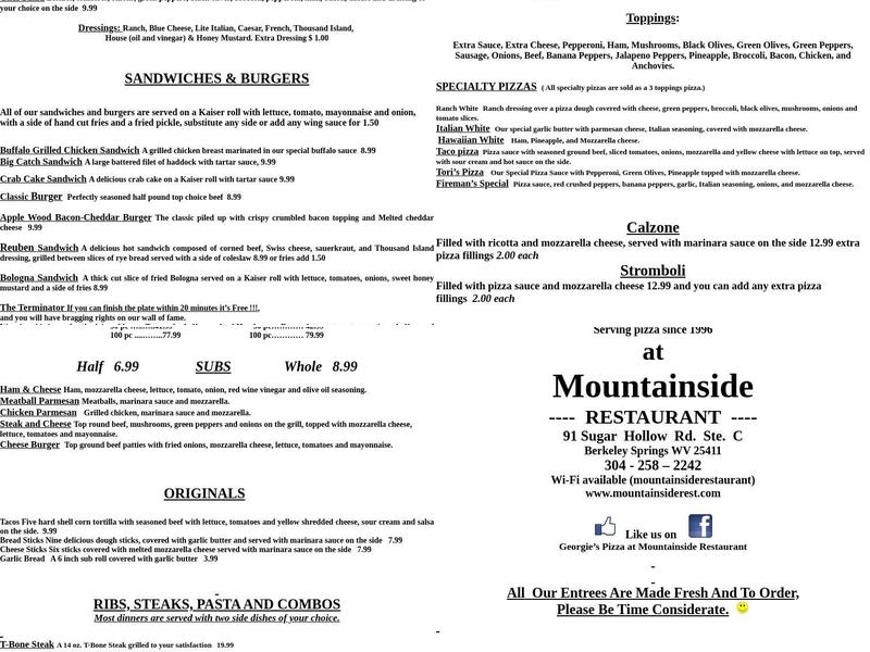 Mountainside Restaurant Menu