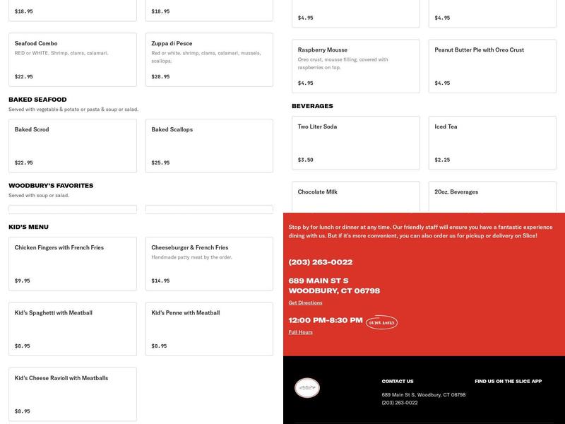Woodbury Pizza & Restaurant Menu