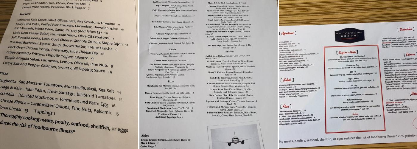 121 Restaurant Oxford Airport Menu