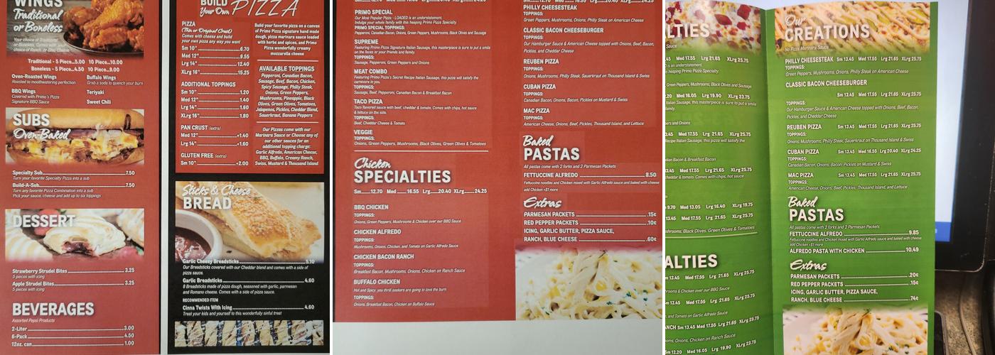 Primo Pizza Menu