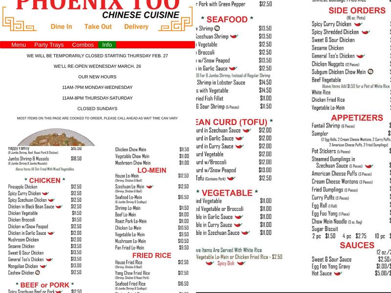 Cold Spring Phoenix Too Menu